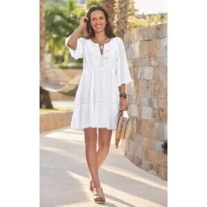 Sundance White "Sahara" Embellished Oversized Babydoll Gauzy Mini Dress Sz PL